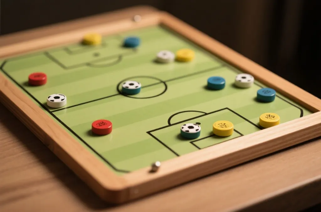 A clean football tactics board with magnetic pieces and strategy drawings representing analysis